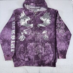 GAMA Mens XL Purple Tie Dye Skull Guitar Rhinestone Full Zip Hoodie Y2K